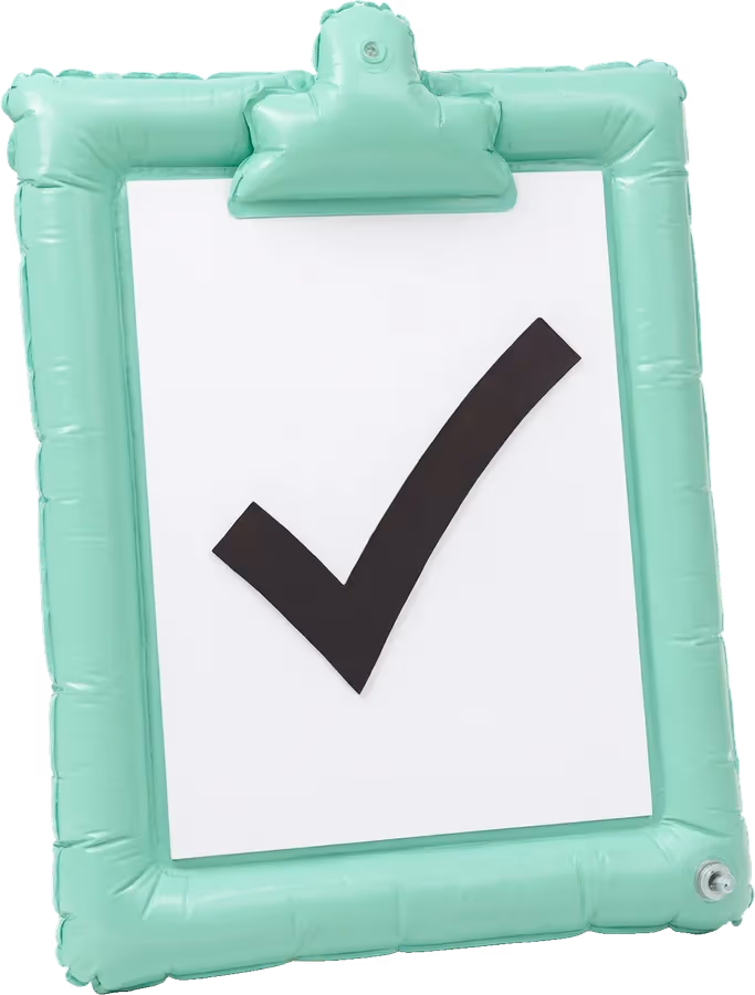 Inflatable mint clipboard with a tick, the Debound symbol for management automation